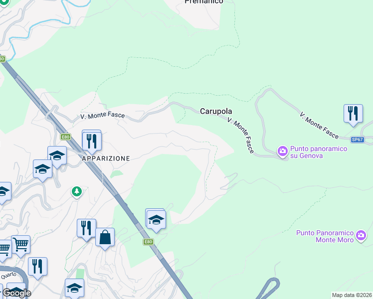map of restaurants, bars, coffee shops, grocery stores, and more near Via Lanfranco Alberico in Genoa