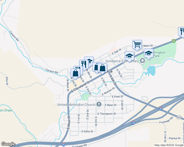map of restaurants, bars, coffee shops, grocery stores, and more near 108 North 4th Street in Sundance