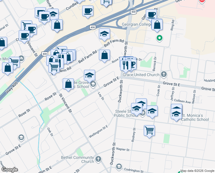 map of restaurants, bars, coffee shops, grocery stores, and more near 267 Grove Street East in Barrie
