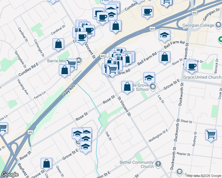 map of restaurants, bars, coffee shops, grocery stores, and more near 334 Saint Vincent Street in Barrie