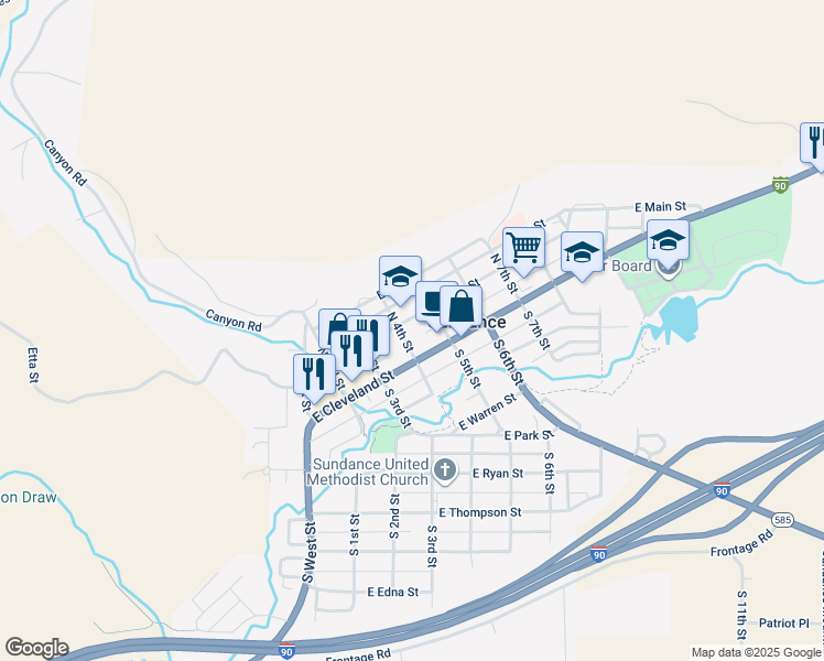 map of restaurants, bars, coffee shops, grocery stores, and more near 414 East Main Street in Sundance