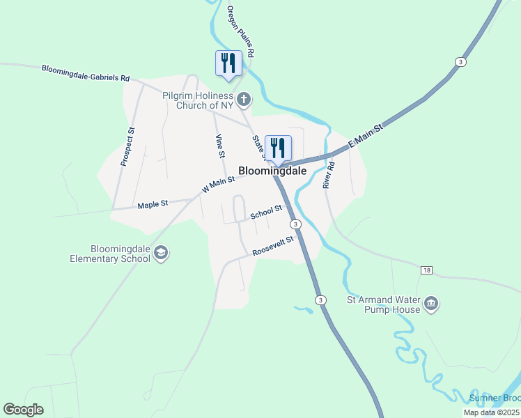 map of restaurants, bars, coffee shops, grocery stores, and more near 18 School Street in Saranac Lake