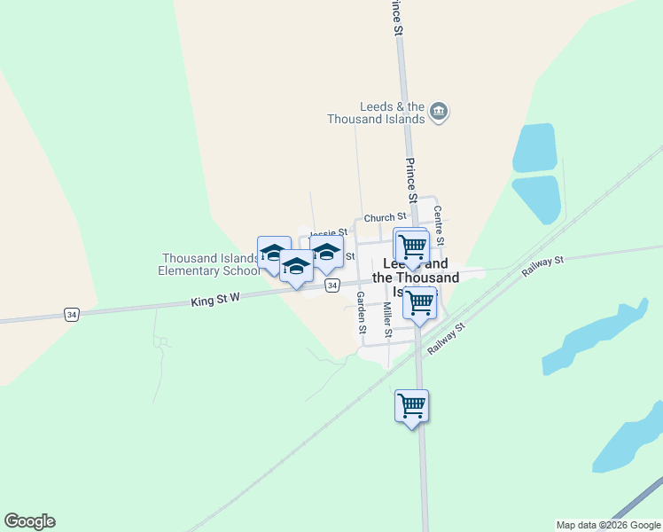 map of restaurants, bars, coffee shops, grocery stores, and more near 10 Frederick Street in Leeds and the Thousand Islands