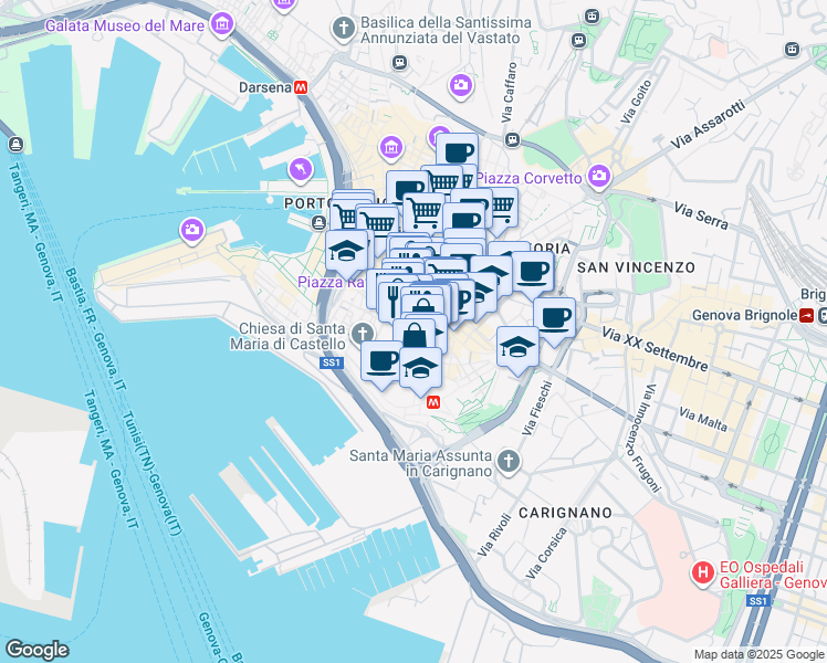 map of restaurants, bars, coffee shops, grocery stores, and more near 58 Via San Donato in Genova