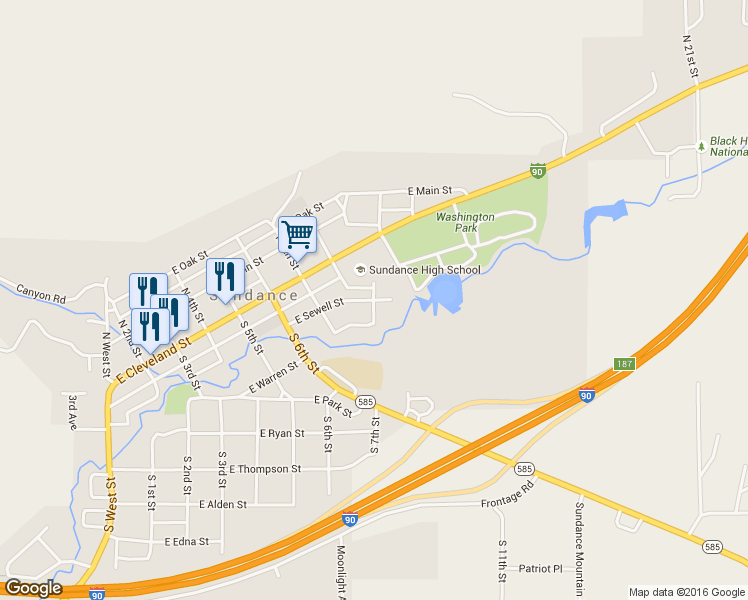 map of restaurants, bars, coffee shops, grocery stores, and more near South 11th Street in Sundance