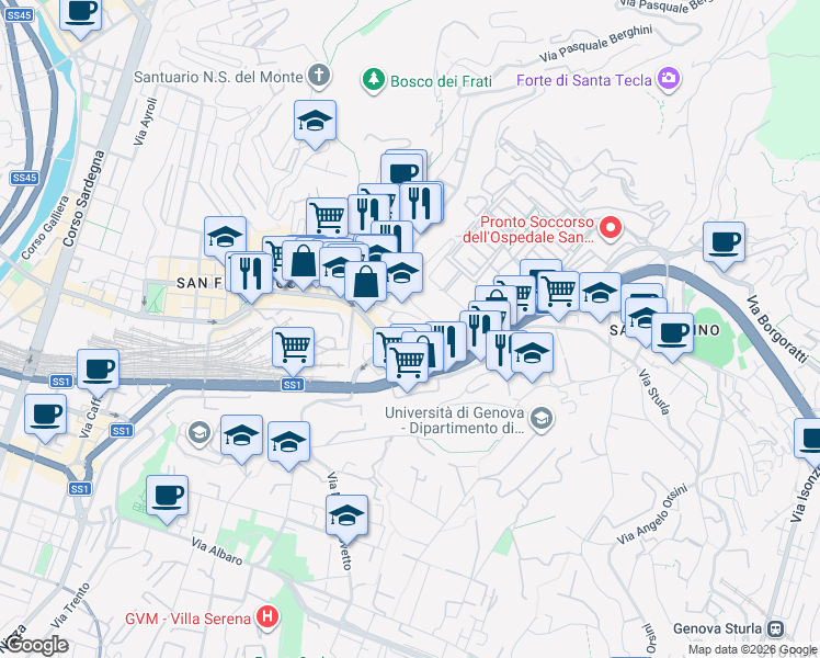 map of restaurants, bars, coffee shops, grocery stores, and more near 2 Viale Benedetto XV in Genova