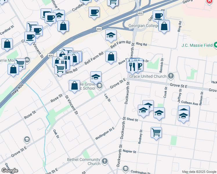 map of restaurants, bars, coffee shops, grocery stores, and more near 262 Grove Street East in Barrie