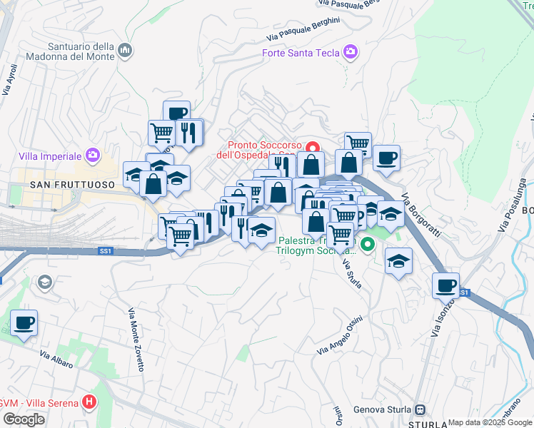 map of restaurants, bars, coffee shops, grocery stores, and more near 47 Via San Martino in Genova