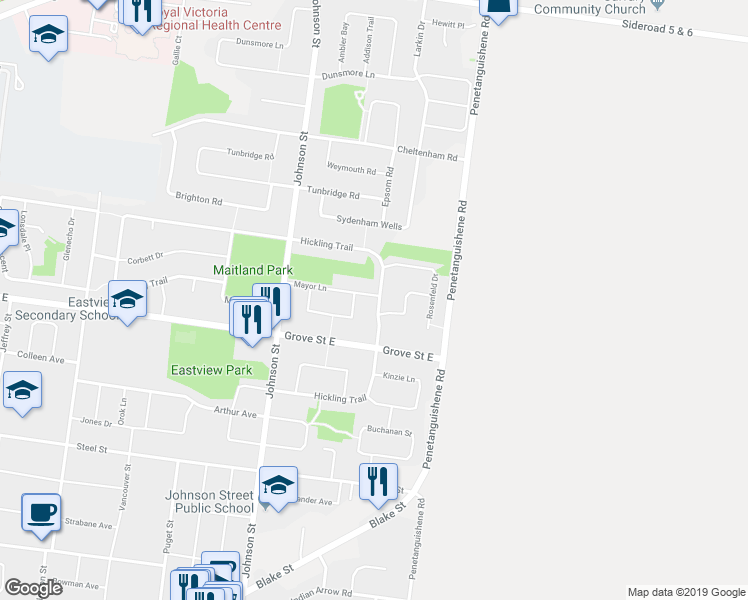 map of restaurants, bars, coffee shops, grocery stores, and more near 302 Hickling Trail in Barrie