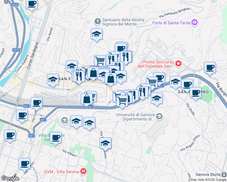 map of restaurants, bars, coffee shops, grocery stores, and more near 117 Via Giovanni Torti in Genoa