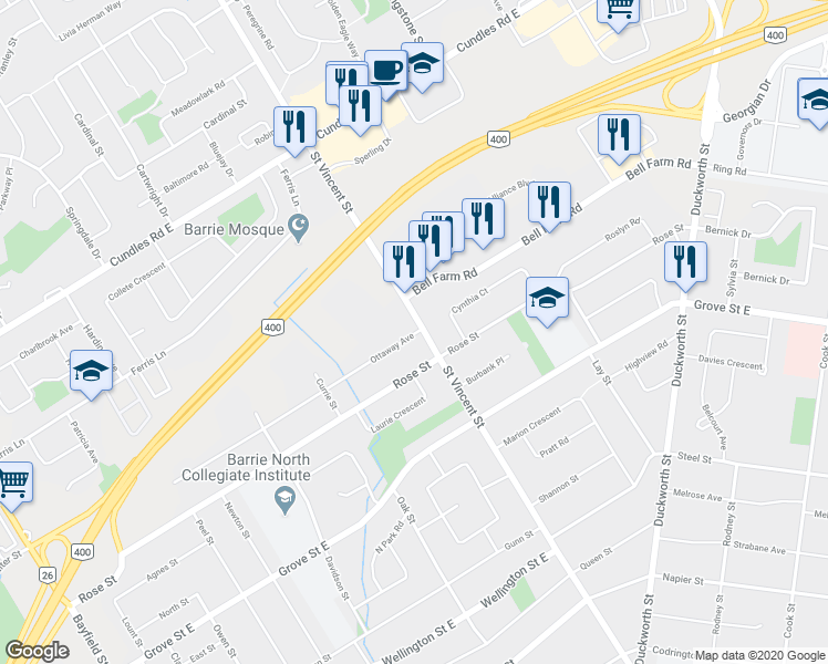 map of restaurants, bars, coffee shops, grocery stores, and more near in Barrie