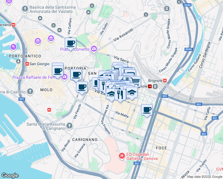 map of restaurants, bars, coffee shops, grocery stores, and more near 68 Via San Vincenzo in Genova