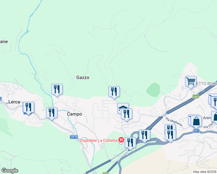 map of restaurants, bars, coffee shops, grocery stores, and more near 24 Via Pecorara in Arenzano