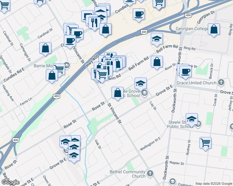 map of restaurants, bars, coffee shops, grocery stores, and more near 36 Burbank Place in Barrie