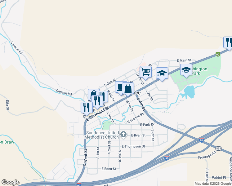 map of restaurants, bars, coffee shops, grocery stores, and more near 414 East Main Street in Sundance