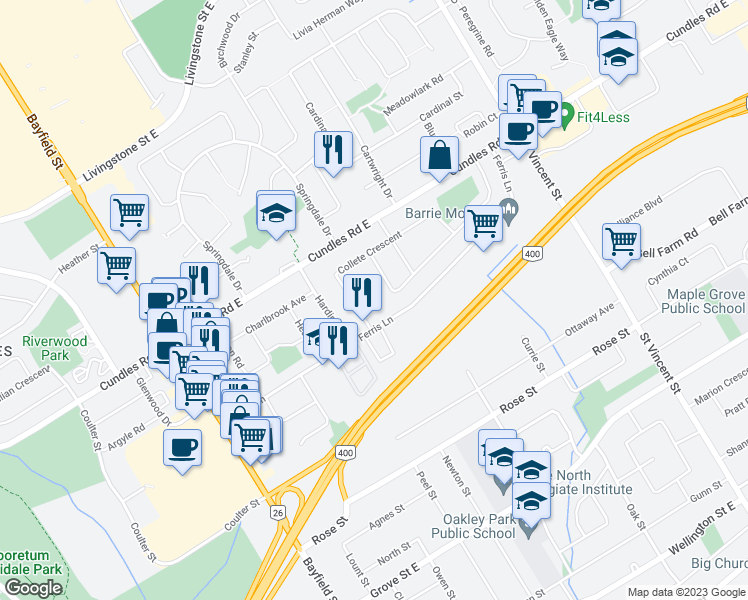 map of restaurants, bars, coffee shops, grocery stores, and more near 5 Wall Court in Barrie