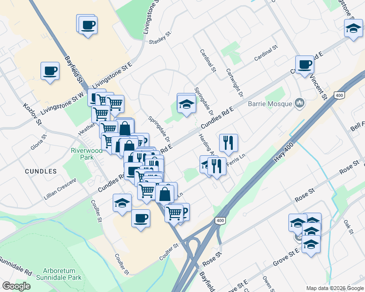 map of restaurants, bars, coffee shops, grocery stores, and more near 47 Cundles Road East in Barrie