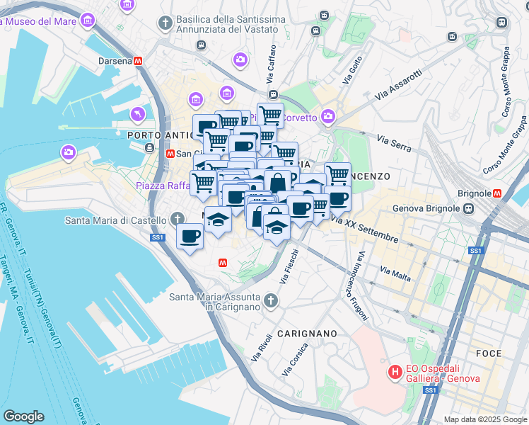 map of restaurants, bars, coffee shops, grocery stores, and more near 1 Via Dante in Genova