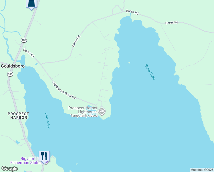 map of restaurants, bars, coffee shops, grocery stores, and more near 6 Sand Cove Lane in Gouldsboro