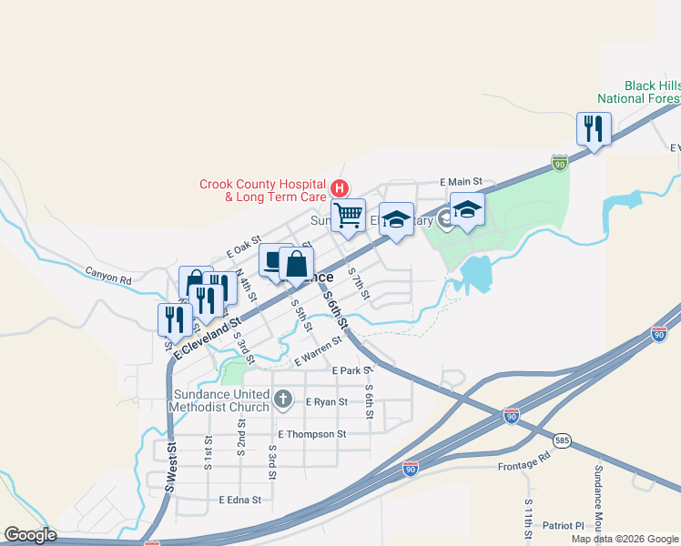 map of restaurants, bars, coffee shops, grocery stores, and more near 114-116 South 6th Street in Sundance
