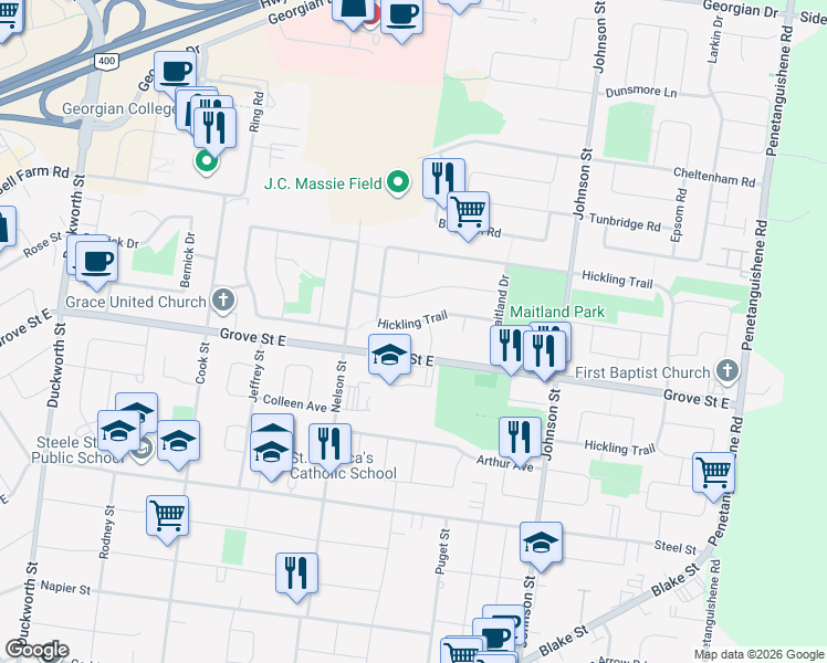 map of restaurants, bars, coffee shops, grocery stores, and more near 43 Hickling Trail in Barrie