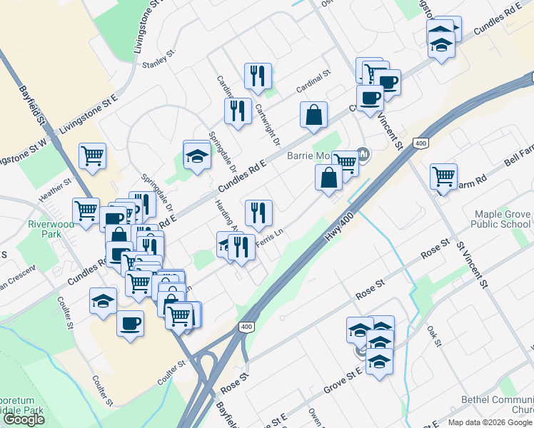 map of restaurants, bars, coffee shops, grocery stores, and more near 6 Wall Court in Barrie