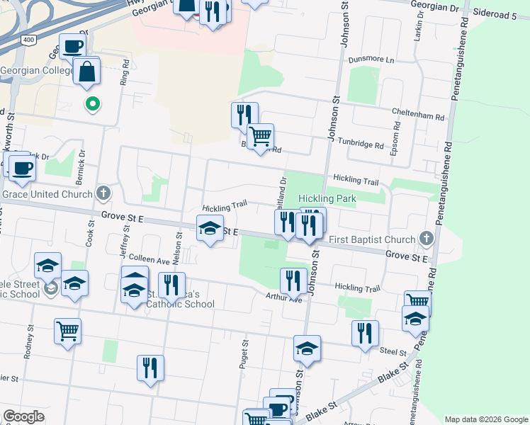 map of restaurants, bars, coffee shops, grocery stores, and more near 3 Mccuaig Court in Barrie