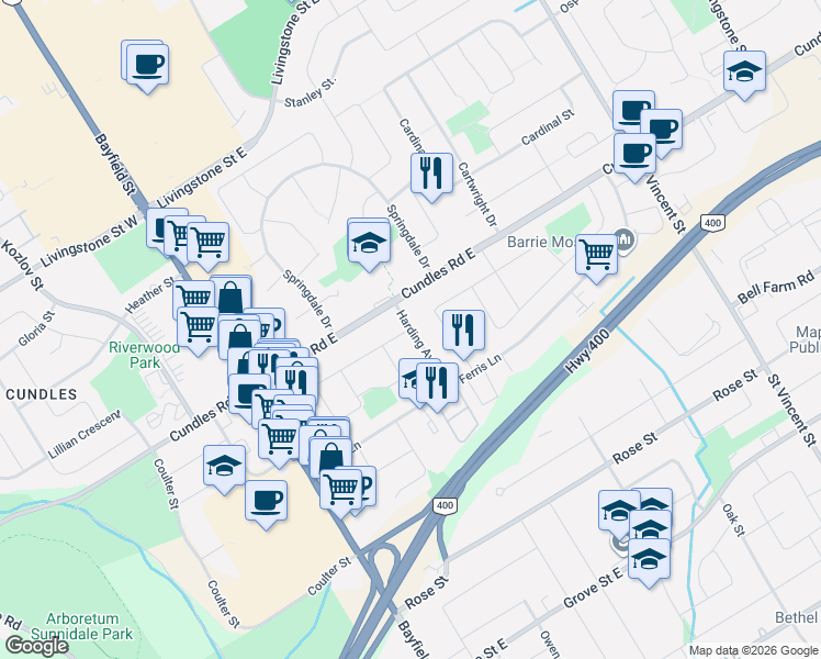 map of restaurants, bars, coffee shops, grocery stores, and more near Harding Avenue in Barrie