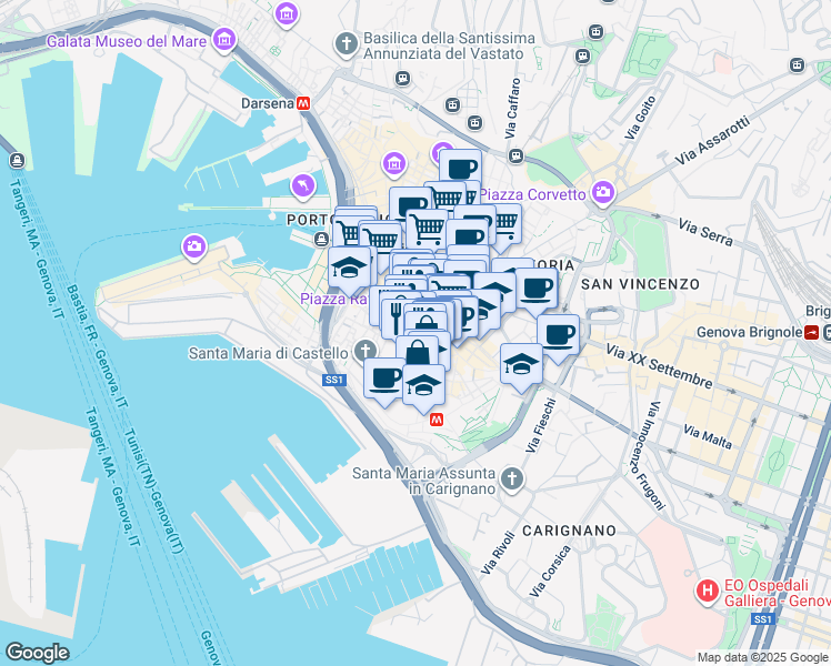 map of restaurants, bars, coffee shops, grocery stores, and more near 58 Via San Donato in Genova