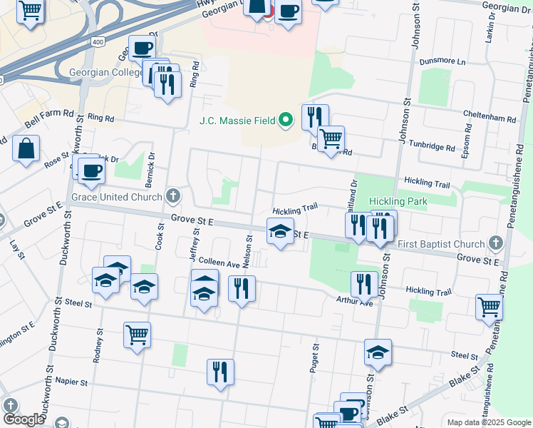 map of restaurants, bars, coffee shops, grocery stores, and more near 65 Hickling Trail in Barrie