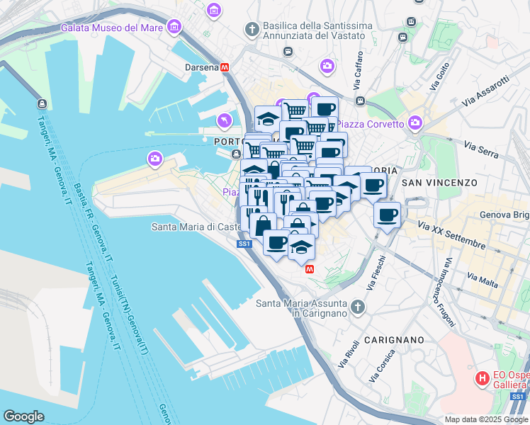 map of restaurants, bars, coffee shops, grocery stores, and more near 21 Via di San Bernardo in Genova