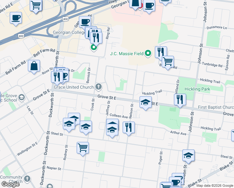map of restaurants, bars, coffee shops, grocery stores, and more near 19A College Crescent in Barrie