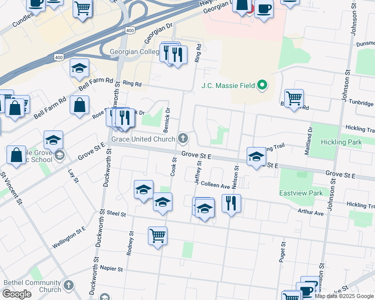 map of restaurants, bars, coffee shops, grocery stores, and more near 356 Grove Street East in Barrie