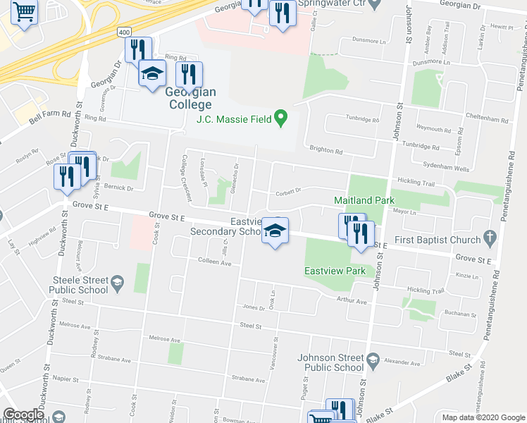 map of restaurants, bars, coffee shops, grocery stores, and more near in Barrie