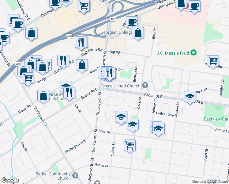 map of restaurants, bars, coffee shops, grocery stores, and more near 311 Grove Street East in Barrie