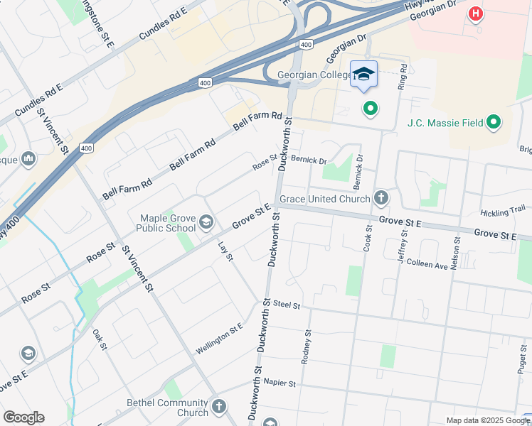 map of restaurants, bars, coffee shops, grocery stores, and more near 285 Grove Street East in Barrie