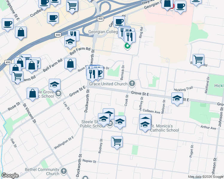 map of restaurants, bars, coffee shops, grocery stores, and more near Grove Street East in Barrie