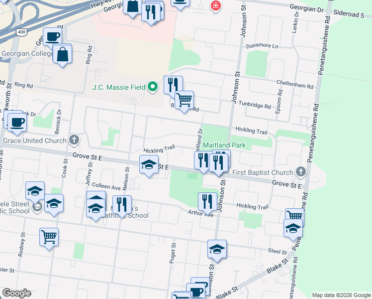 map of restaurants, bars, coffee shops, grocery stores, and more near 57 Corbett Drive in Barrie