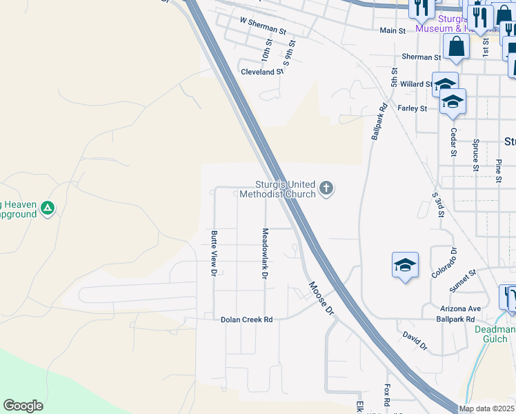 map of restaurants, bars, coffee shops, grocery stores, and more near 2200-2298 Bluebell Dr in Sturgis