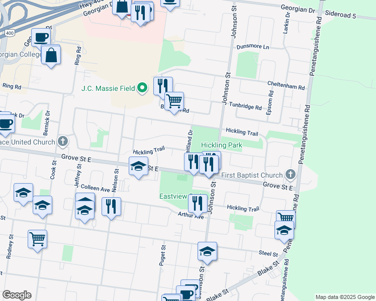 map of restaurants, bars, coffee shops, grocery stores, and more near Hickling Trail in Barrie
