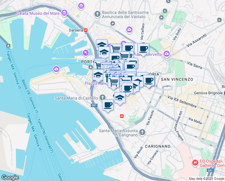 map of restaurants, bars, coffee shops, grocery stores, and more near 21 Via di Canneto Il Lungo in Genova
