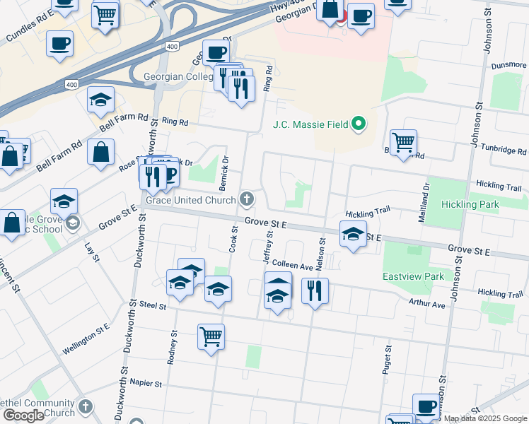 map of restaurants, bars, coffee shops, grocery stores, and more near 33 College Crescent in Barrie