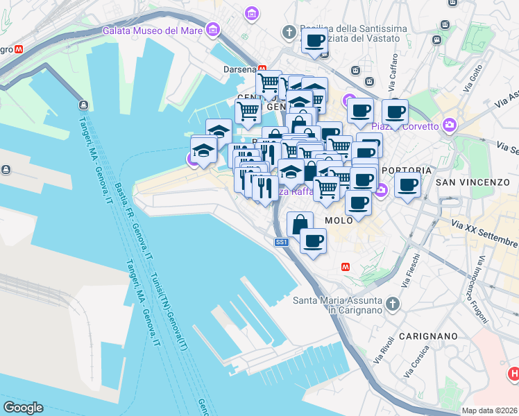 map of restaurants, bars, coffee shops, grocery stores, and more near 6 Via del Molo in Genoa