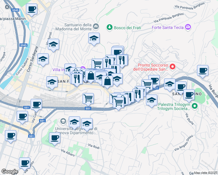 map of restaurants, bars, coffee shops, grocery stores, and more near 16 Via Donghi in Genoa