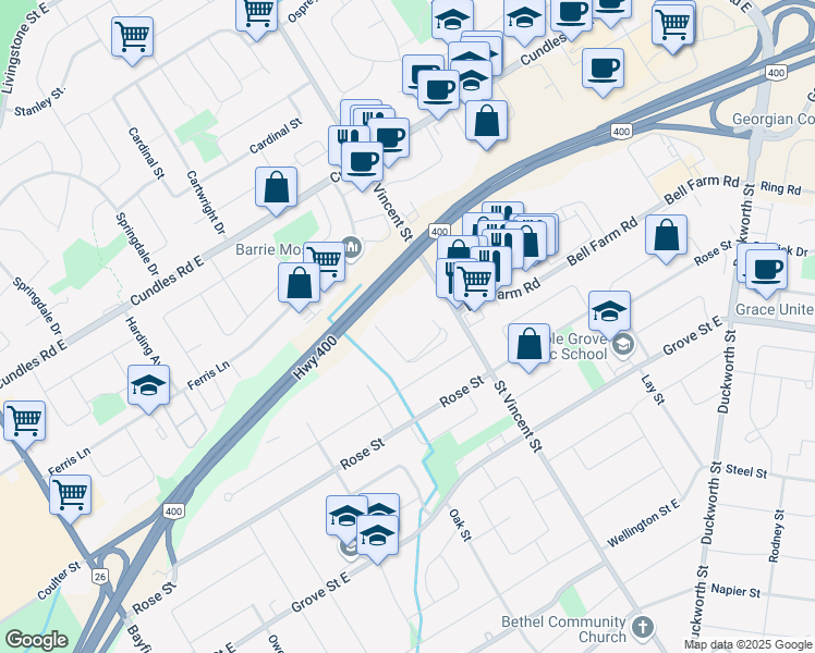 map of restaurants, bars, coffee shops, grocery stores, and more near 364 Saint Vincent Street in Barrie