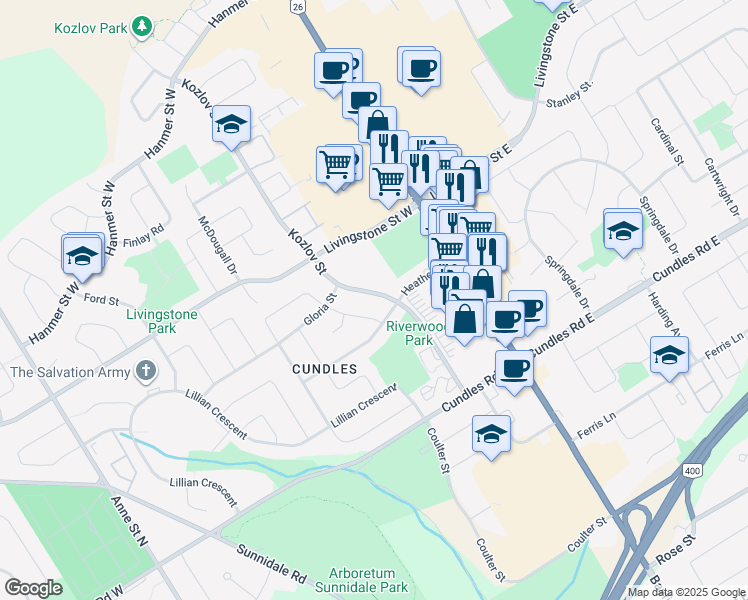 map of restaurants, bars, coffee shops, grocery stores, and more near 98 Kozlov Street in Barrie