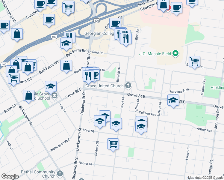 map of restaurants, bars, coffee shops, grocery stores, and more near 332 Grove Street East in Barrie