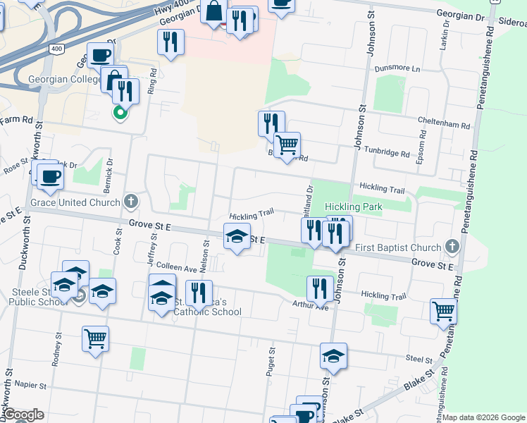 map of restaurants, bars, coffee shops, grocery stores, and more near 25 Hickling Trail in Barrie