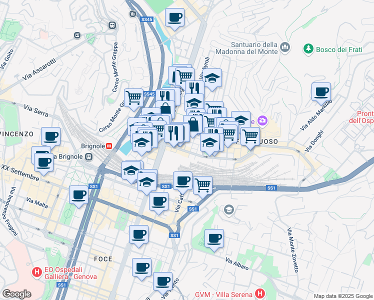 map of restaurants, bars, coffee shops, grocery stores, and more near 11 Via Giuseppe de Paoli in Genova