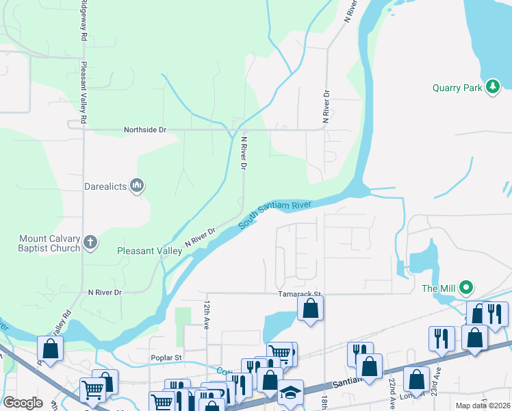map of restaurants, bars, coffee shops, grocery stores, and more near 1054 North River Drive in Sweet Home